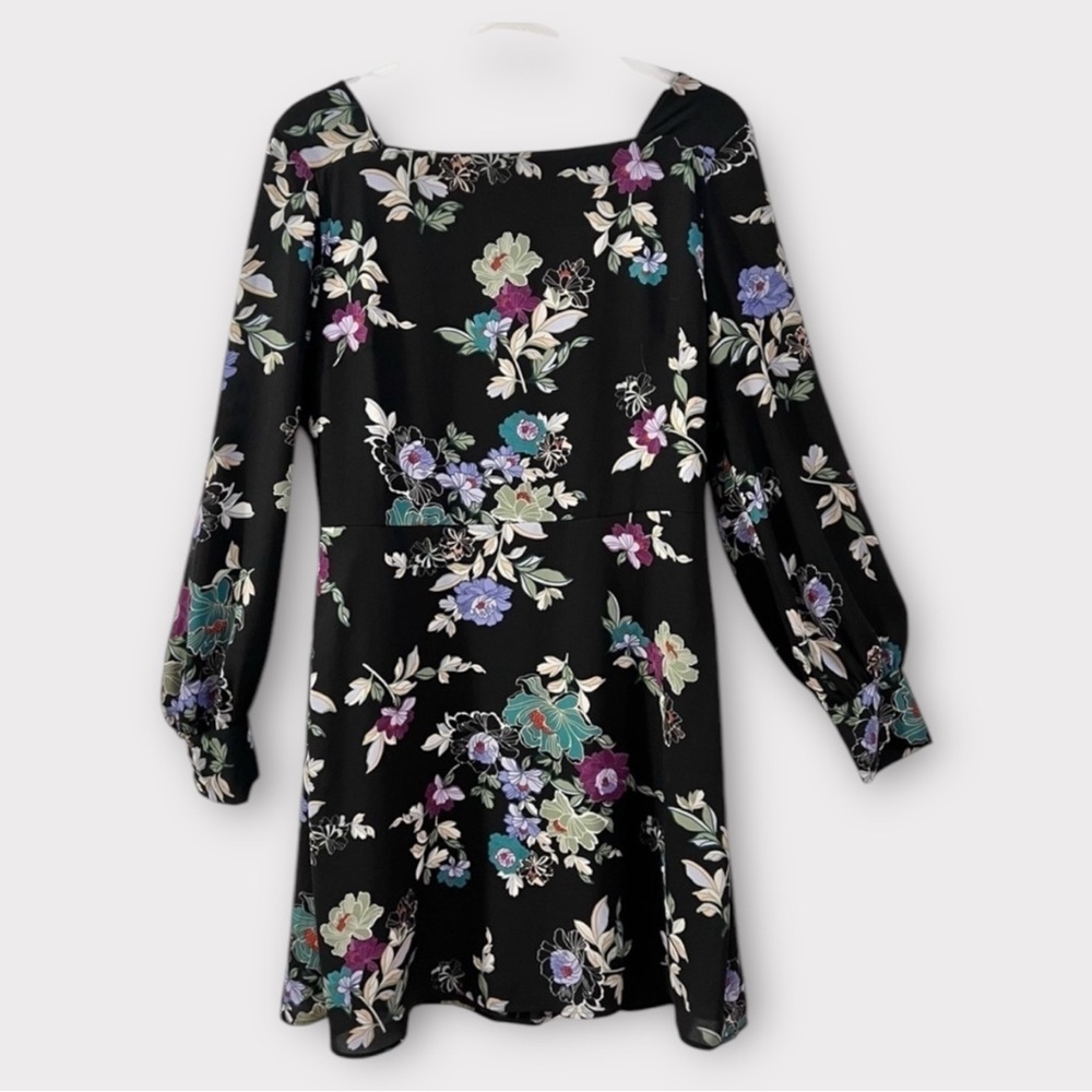 LOFT Black Floral Long-Sleeve Mini Dress - 6